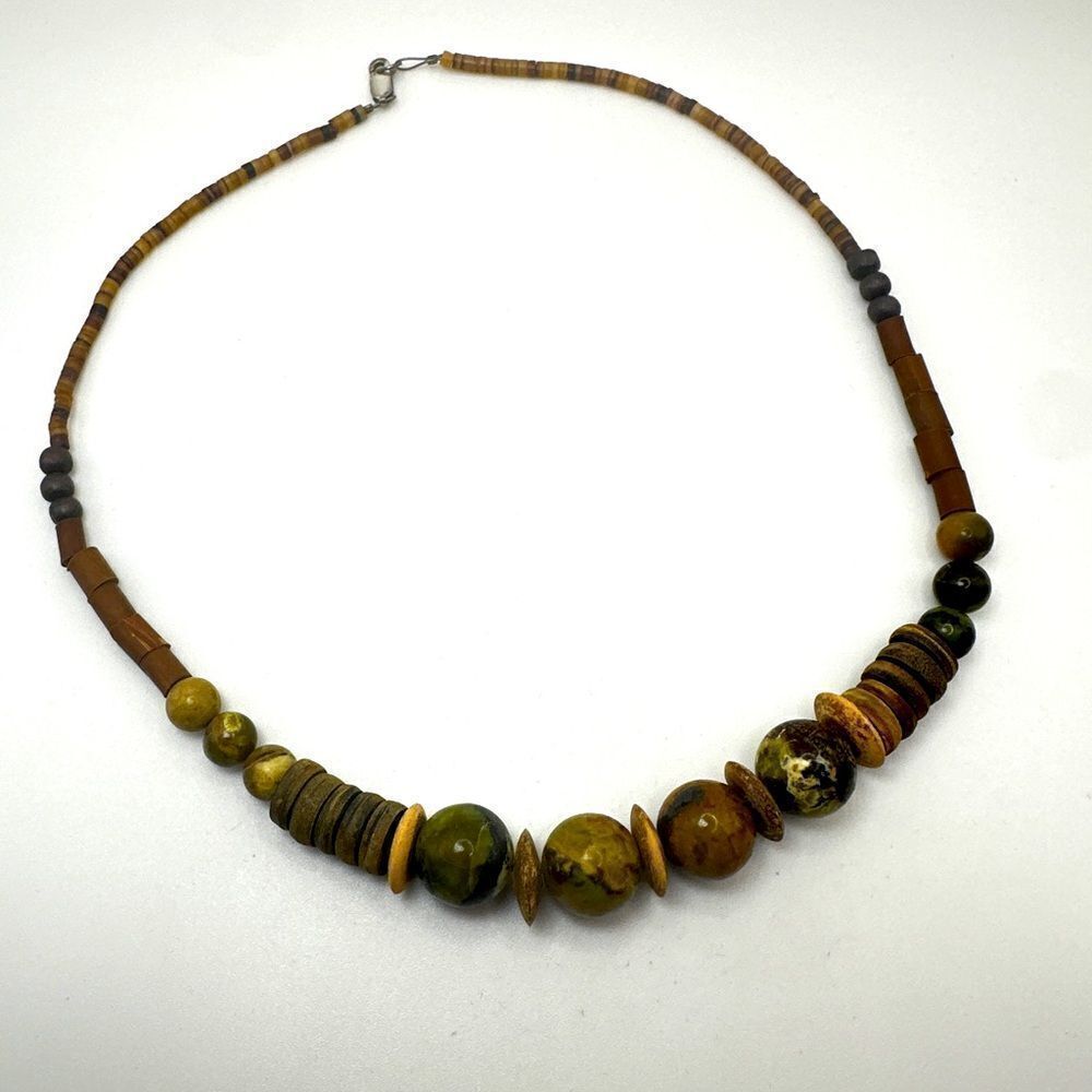 18" handmade glass seed, wooden, and nuwa agate stone beaded necklace!‎